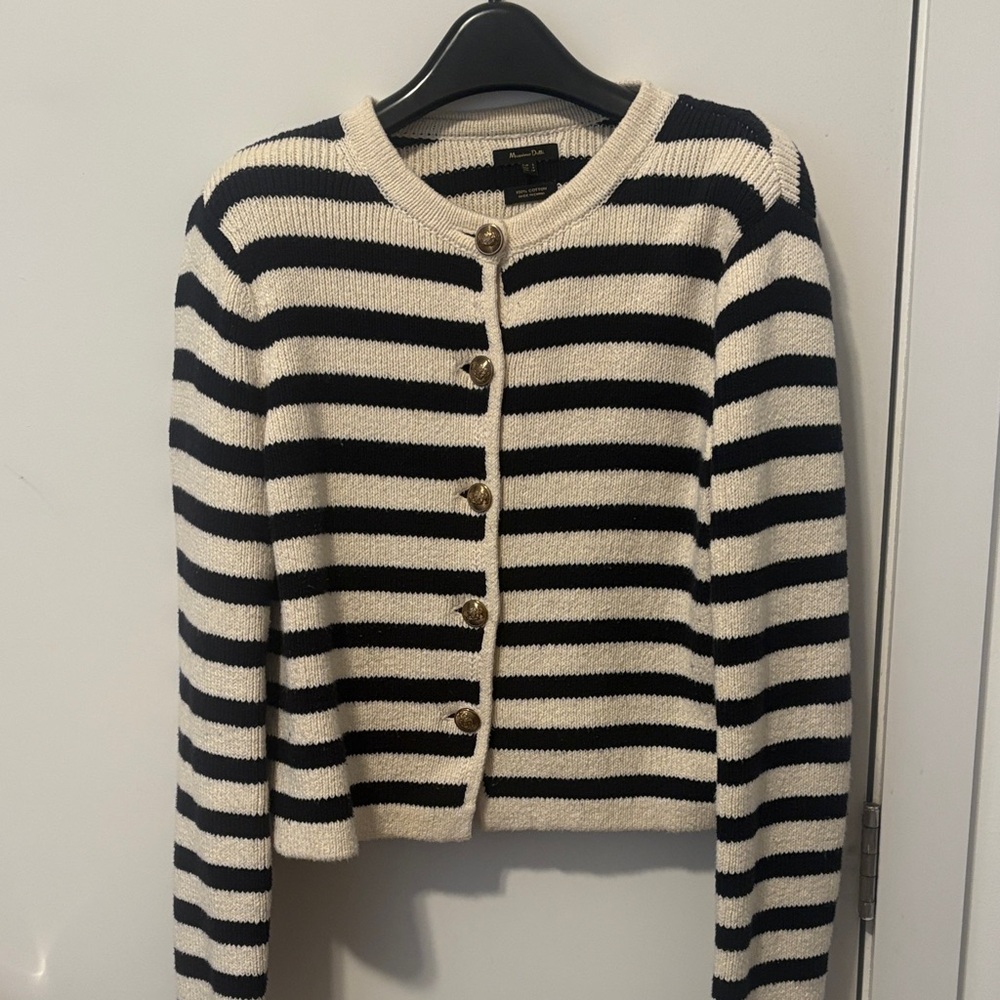 Massimo Dutti Striped Black and Cream Cardigan - Picture 2 of 4